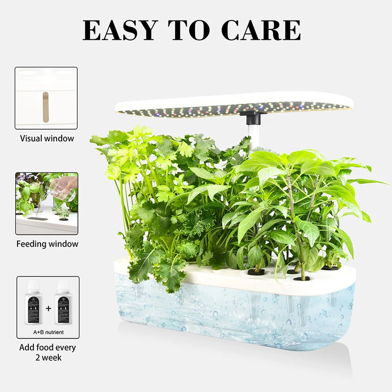 Easy To Care image display, of a Hydroponic Kit, showing green leafy plants, see through clear hydroponic tank. Visual Window, Feeding Window and 2 A and B bottles of plant Nutrients.