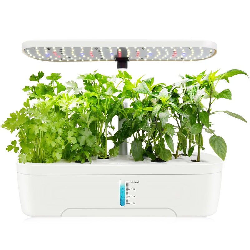 Front Of the Hydroponic Machine with Water Level Display, Name: Hydroponic planting machine Color: White Plug specification: US Plug Transformer: 12V 2A Number of LEDs: 139 LEDs Power: 20W Product size: 39 x 19 x 17cm  Packing list:  Hydroponic planting machine x 1 Adapter x 1 Planting basket x 12 Peat soil x 12 Insulation cover x 12 Solid fertilizer x 2 Instructions x 1
