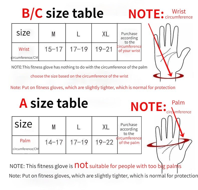 Weightlifting Training Gloves Size Chart