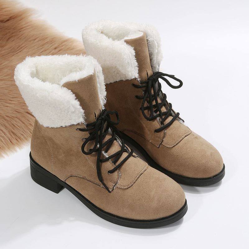 Winter Lace-up Boots Chunky Mid Heel Shoes With Plush Ankle Boots For Women