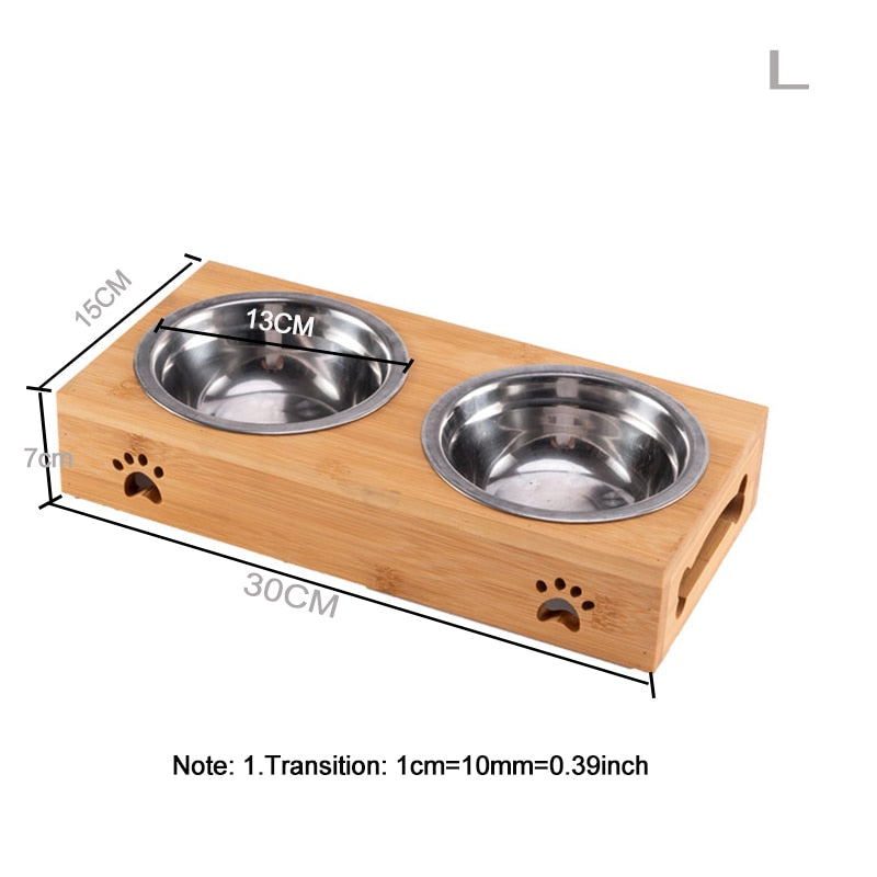 Pets Feeder Ceramic Cat Bowl Water Double Mouth Wooden Stand
