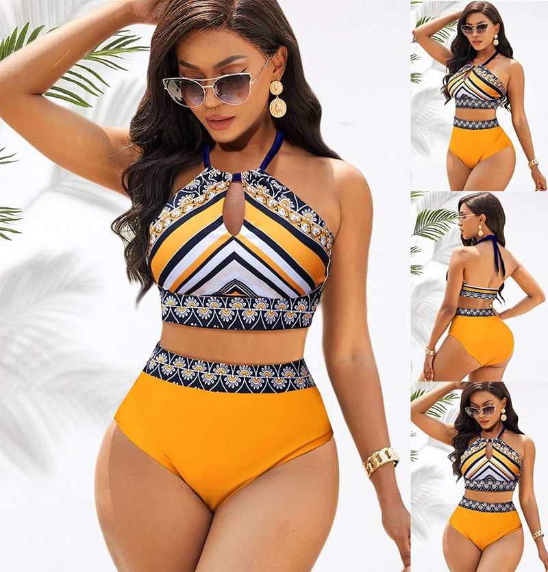 Yellow Pattern- Retro Bikini | Women Swimsuit Tankini Trendy Casual Set
