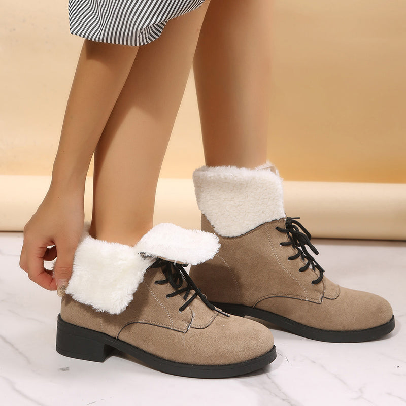 Winter Lace-up Boots Chunky Mid Heel Shoes With Plush Ankle Boots For Women