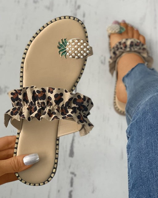 Seventh Gen-Women's Slipper Pineapple Pearl Flat Toe Boho Casual Beach Sandals Ladies Shoes Platform Designer  Leopard Slides